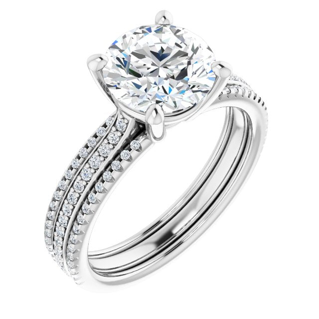 10K White Gold Customizable Round Cut Center with Wide Pavé Accented Band