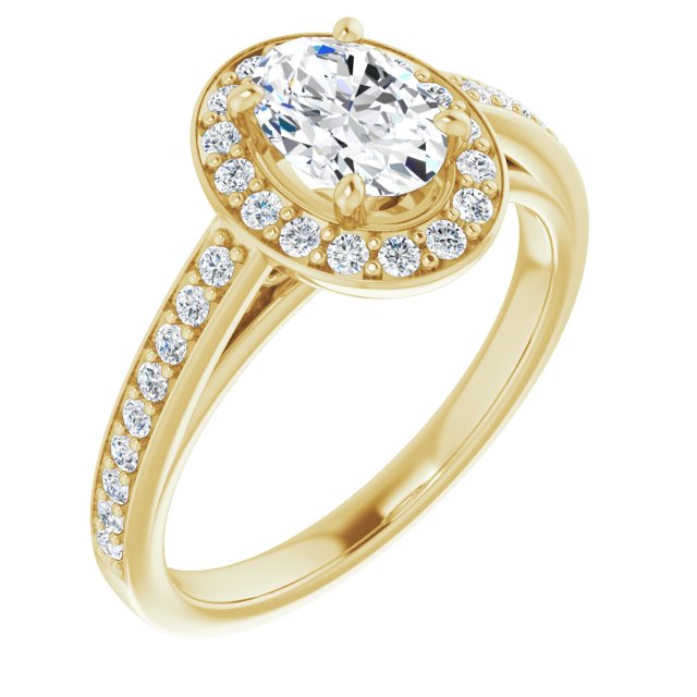 10K Yellow Gold Customizable Oval Cut Style with Halo and Sculptural Trellis