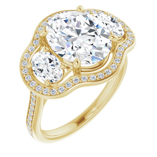 10K Yellow Gold Customizable Oval Cut Style with Oval Cut Accents, 3-stone Halo & Thin Shared Prong Band