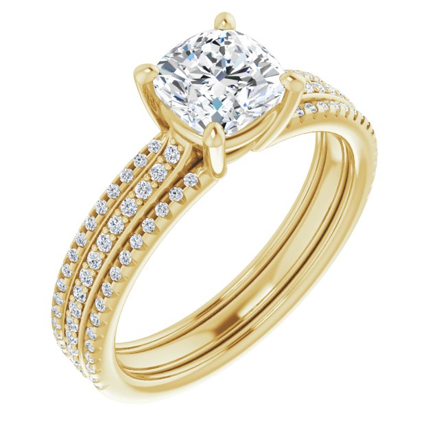 10K Yellow Gold Customizable Cushion Cut Center with Wide Pavé Accented Band