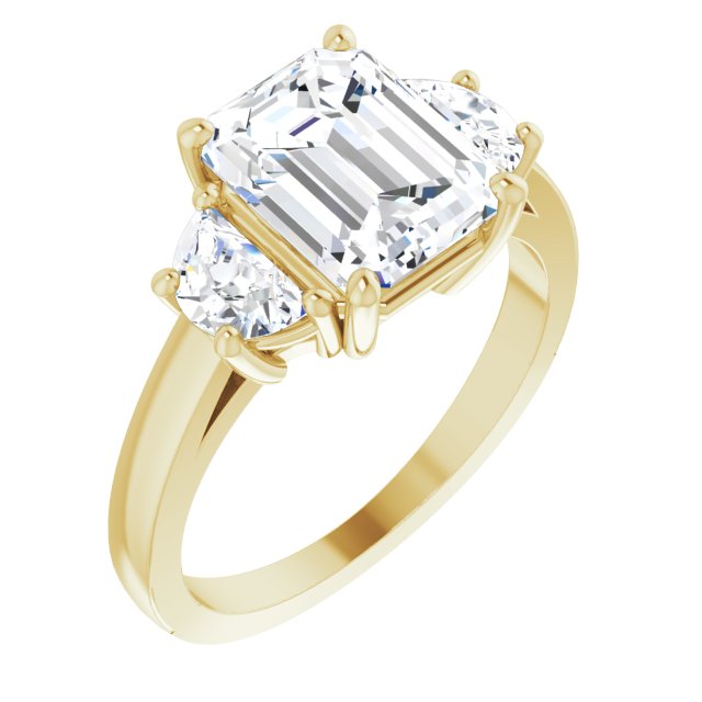 10K Yellow Gold Customizable 3-stone Design with Emerald/Radiant Cut Center and Half-moon Side Stones