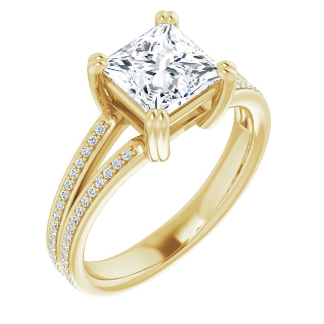 10K Yellow Gold Customizable Princess/Square Cut Center with 100-stone* "Waterfall" Pavé Split Band