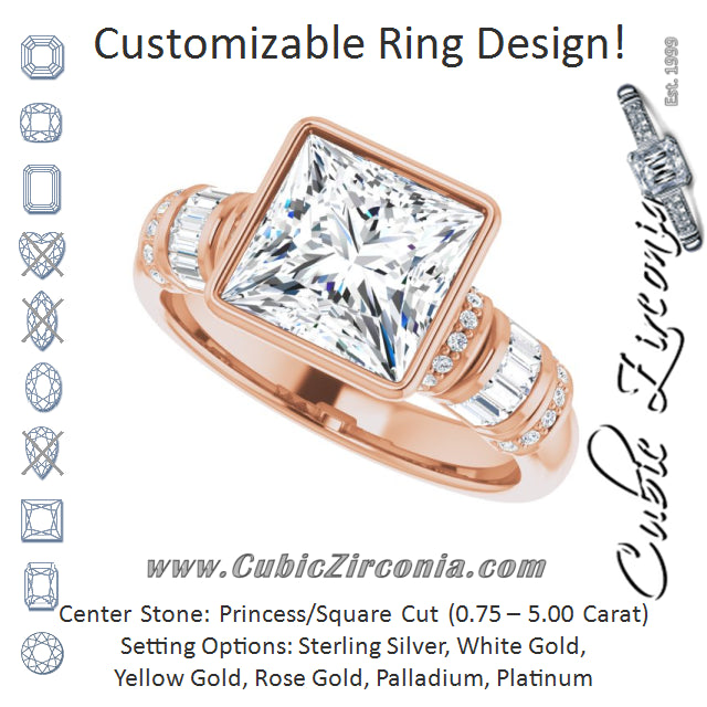 Cubic Zirconia Engagement Ring- The Coralie (Customizable Bezel-set Princess/Square Cut Setting with Wide Sleeve-Accented Band)
