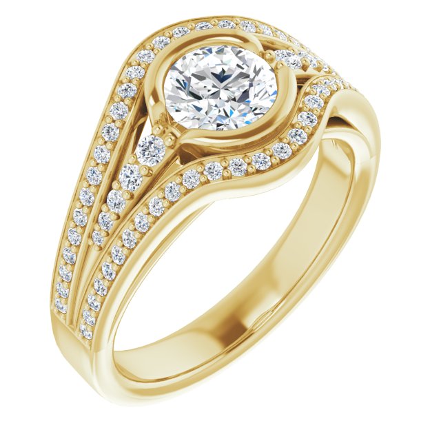 10K Yellow Gold Customizable Cathedral-Bezel Round Cut Design with Wide Triple-Split-Pavé Band