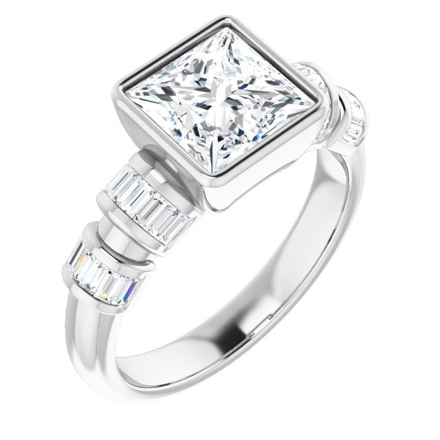 10K White Gold Customizable Bezel-set Princess/Square Cut Design with Quad Horizontal Band Sleeves of Baguette Accents