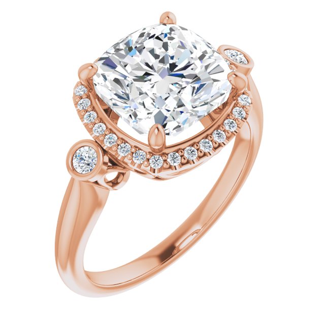 10K Rose Gold Customizable Cushion Cut Style with Halo and Twin Round Bezel Accents