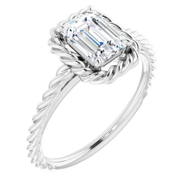 10K White Gold Customizable Cathedral-set Emerald/Radiant Cut Solitaire with Thin Rope-Twist Band