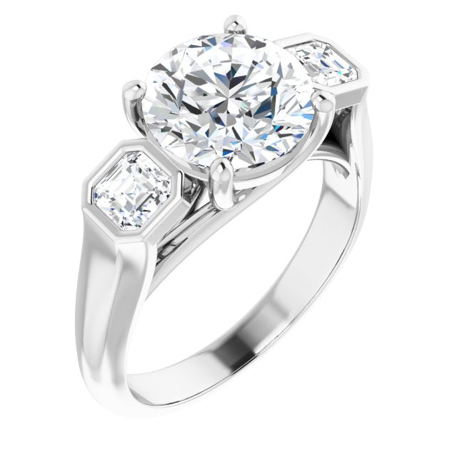 14K White Gold Customizable 3-stone Cathedral Round Cut Design with Twin Asscher Cut Side Stones