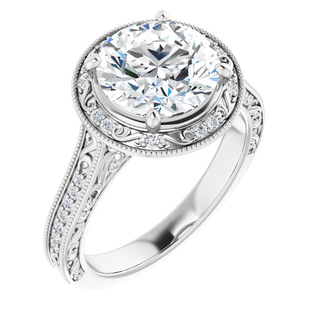 Platinum Customizable Vintage Artisan Round Cut Design with 3-Sided Filigree and Side Inlay Accent Enhancements