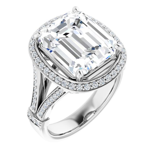 10K White Gold Customizable Emerald/Radiant Cut Setting with Halo, Under-Halo Trellis Accents and Accented Split Band