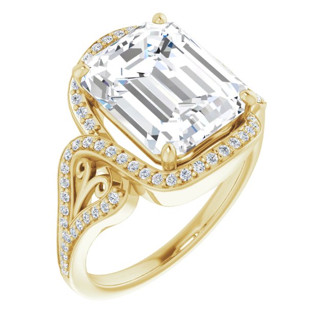 10K Yellow Gold Customizable Emerald/Radiant Cut Design with Bypass Halo and Split-Shared Prong Band