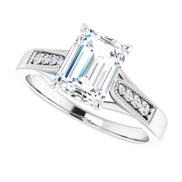 Cubic Zirconia Engagement Ring- The Ivana (Customizable 9-stone Vintage Design with Emerald Cut Center and Round Band Accents)