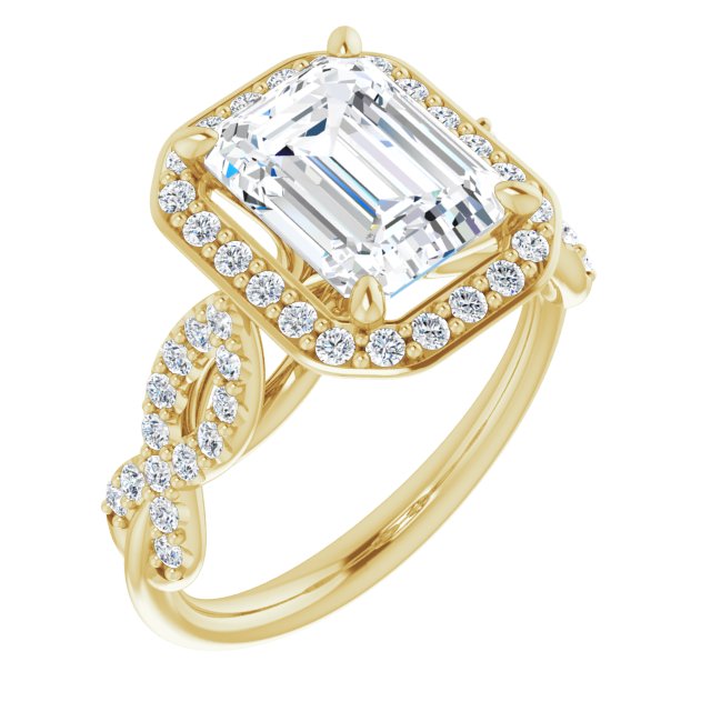 10K Yellow Gold Customizable Cathedral-Halo Emerald/Radiant Cut Design with Artisan Infinity-inspired Twisting Pavé Band
