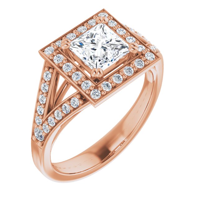 18K Rose Gold Customizable Cathedral-set Princess/Square Cut Style with Accented Split Band and Halo