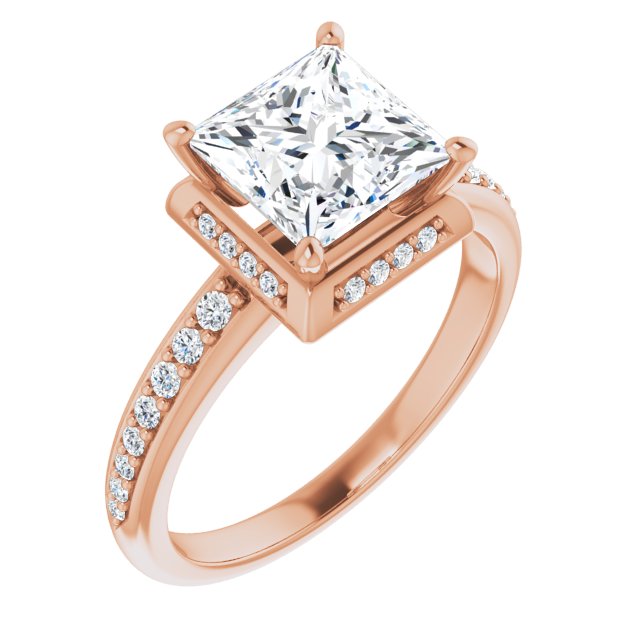 10K Rose Gold Customizable Princess/Square Cut Design with Geometric Under-Halo and Shared Prong Band