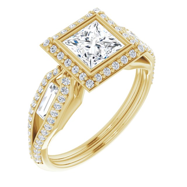 10K Yellow Gold Customizable Cathedral-Bezel Princess/Square Cut Design with Halo, Split-Pavé Band & Channel Baguettes