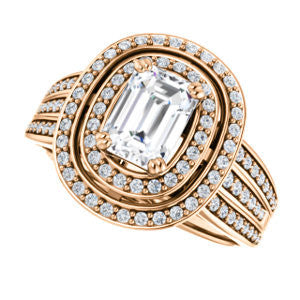 Cubic Zirconia Engagement Ring- The Shay (Customizable Emerald Cut Ultra-wide w/ Double-Halo and Triple-Pavé Band)