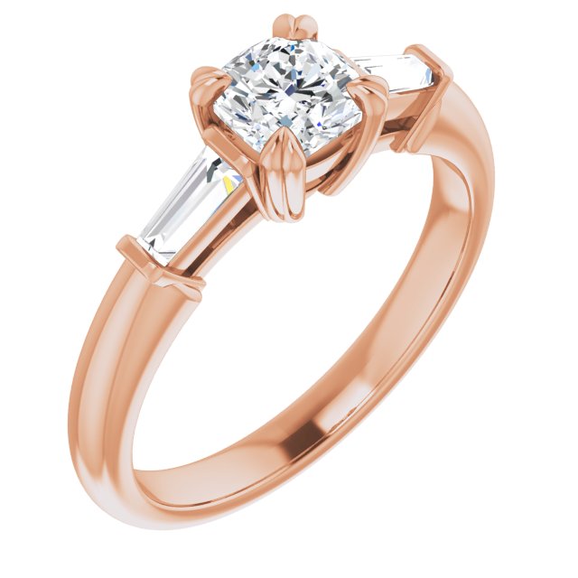 10K Rose Gold Customizable 3-stone Cushion Cut Design with Tapered Baguettes