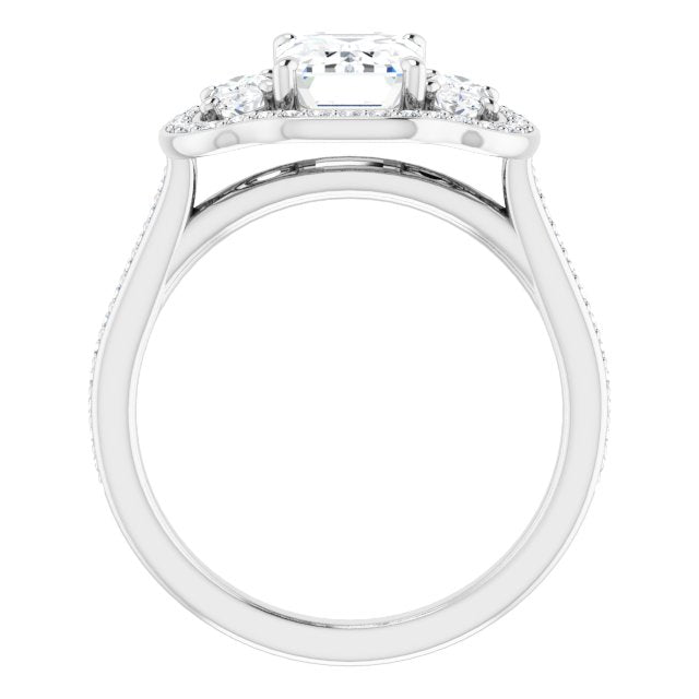 Cubic Zirconia Engagement Ring- The Dulce (Customizable Emerald Cut Style with Oval Cut Accents, 3-stone Halo & Thin Shared Prong Band)