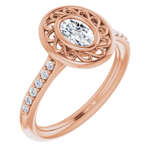 10K Rose Gold Customizable Cathedral-Bezel Oval Cut Design with Floral Filigree and Thin Shared Prong Band