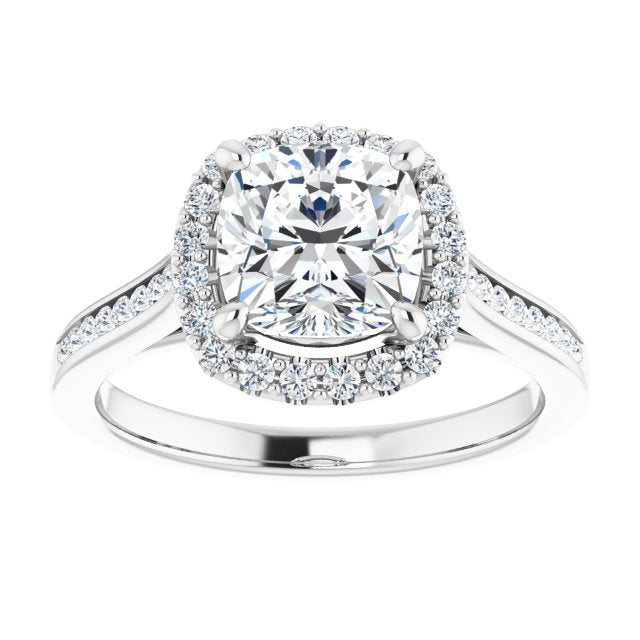 Cubic Zirconia Engagement Ring- The Star (Customizable Cushion Cut Design with Halo, Round Channel Band and Floating Peekaboo Accents)