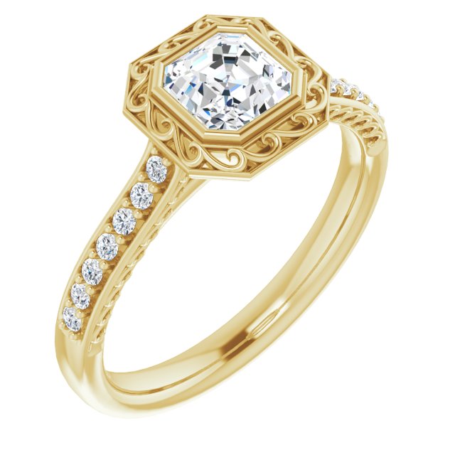 10K Yellow Gold Customizable Cathedral-Bezel Asscher Cut Design featuring Accented Band with Filigree Inlay