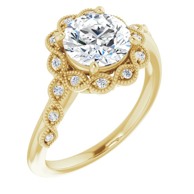 10K Yellow Gold Customizable 3-stone Design with Round Cut Center and Halo Enhancement