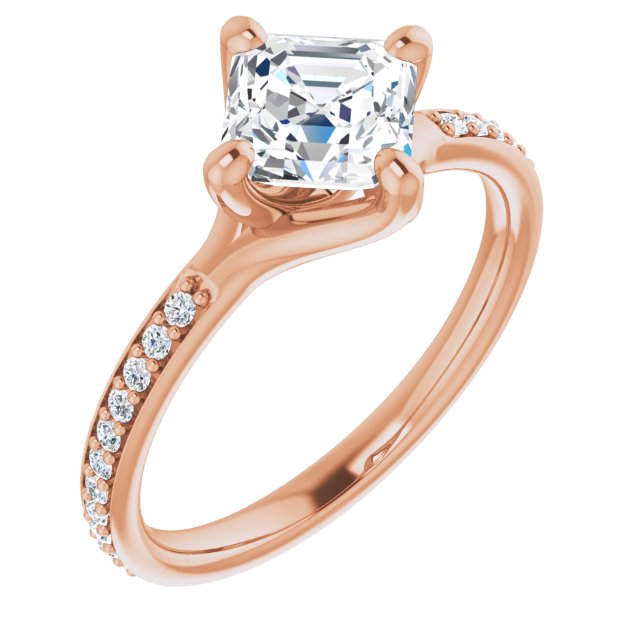 10K Rose Gold Customizable Asscher Cut Design featuring Thin Band and Shared-Prong Round Accents