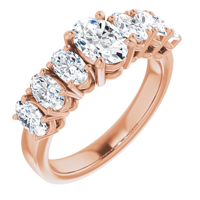 10K Rose Gold Customizable 7-stone Oval Cut Design with Large Round-Prong Side Stones