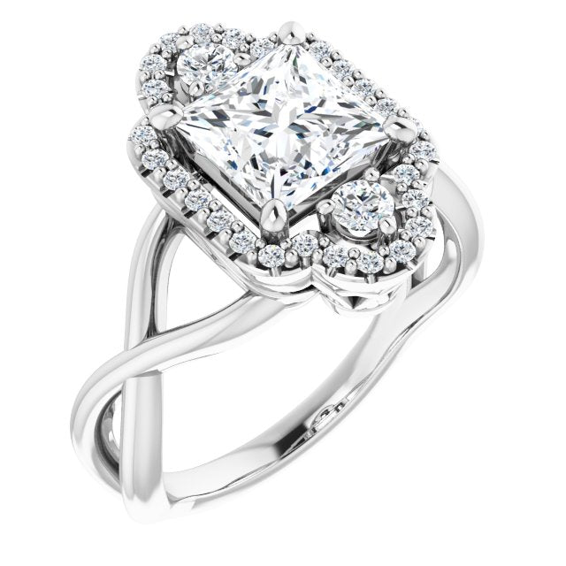 10K White Gold Customizable Vertical 3-stone Princess/Square Cut Design Enhanced with Multi-Halo Accents and Twisted Band