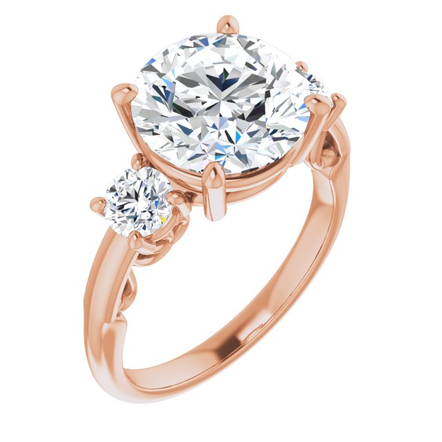 10K Rose Gold Customizable Round Cut 3-stone Style featuring Heart-Motif Band Enhancement
