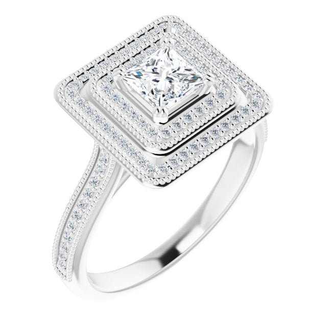 10K White Gold Customizable Princess/Square Cut Design with Elegant Double Halo, Houndstooth Milgrain and Band-Channel Accents