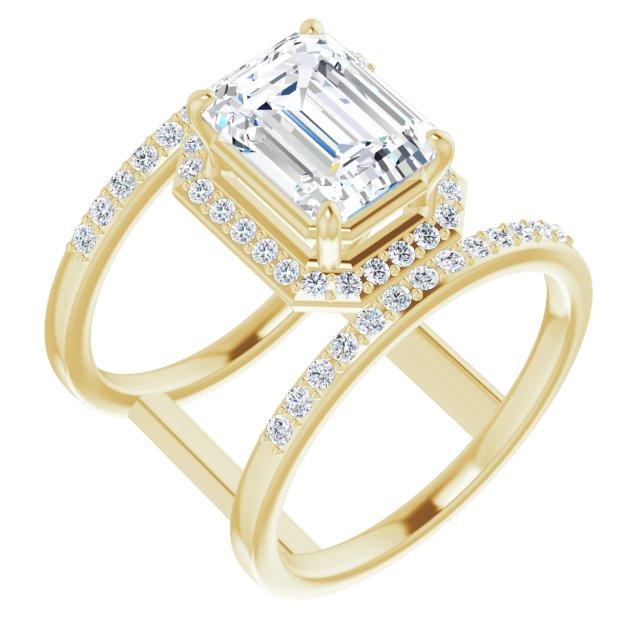 10K Yellow Gold Customizable Emerald/Radiant Cut Halo Design with Open, Ultrawide Harness Double Pavé Band