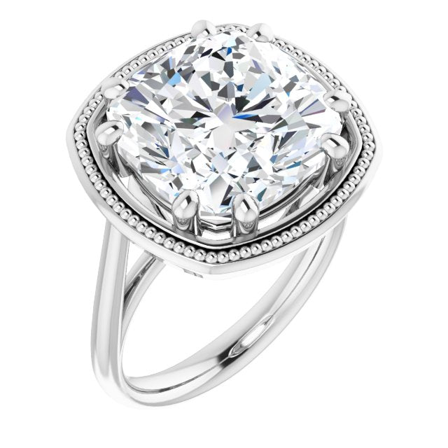 10K White Gold Customizable Cushion Cut Solitaire with Metallic Drops Halo Lookalike