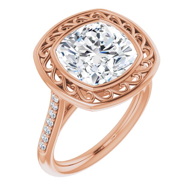 10K Rose Gold Customizable Cathedral-Bezel Cushion Cut Design with Floral Filigree and Thin Shared Prong Band