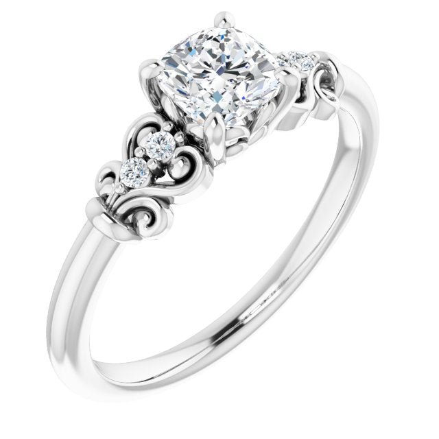 10K White Gold Customizable Vintage 5-stone Design with Cushion Cut Center and Artistic Band Décor