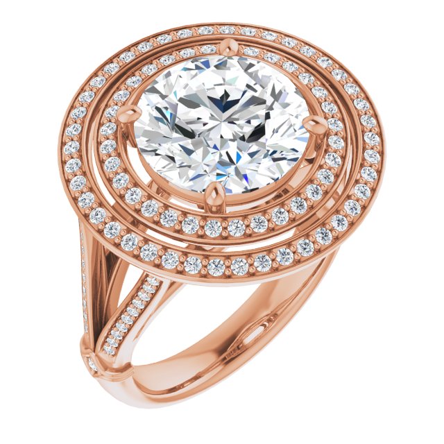 10K Rose Gold Customizable Cathedral-set Round Cut Design with Double Halo, Wide Split-Shared Prong Band and Side Knuckle Accents