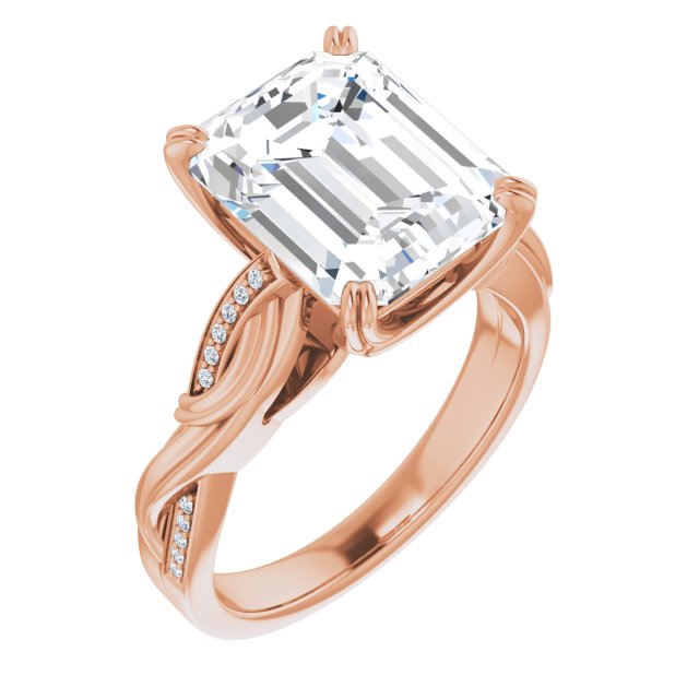 10K Rose Gold Customizable Cathedral-raised Emerald/Radiant Cut Design featuring Rope-Braided Half-Pavé Band