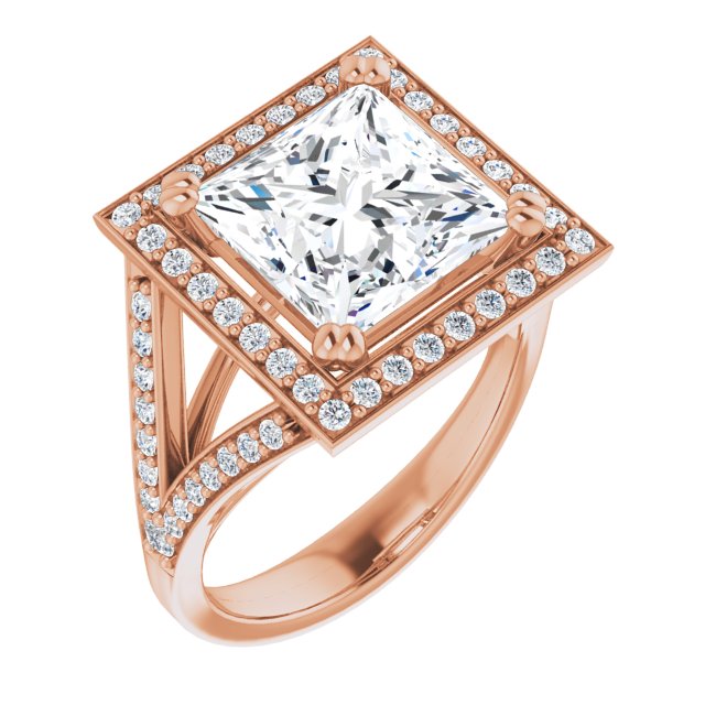 10K Rose Gold Customizable Cathedral-set Princess/Square Cut Style with Accented Split Band and Halo