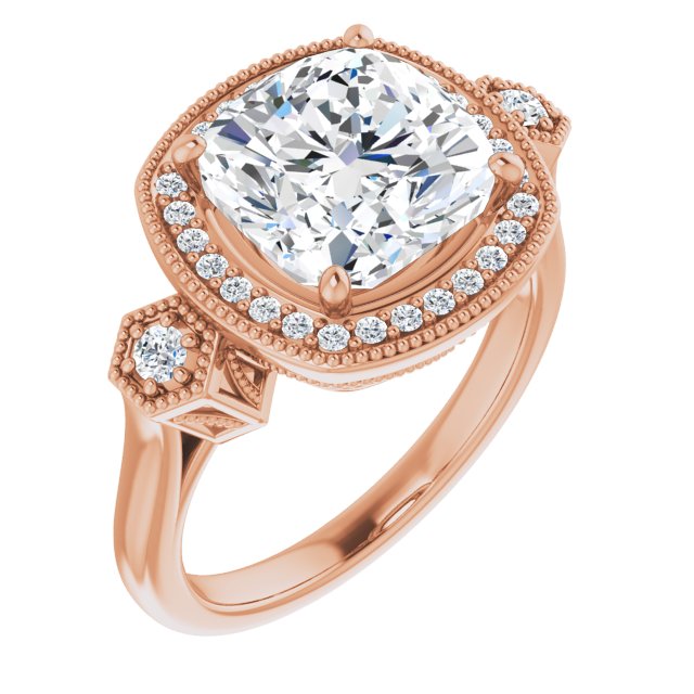 10K Rose Gold Customizable Cathedral Cushion Cut Design with Halo and Delicate Milgrain