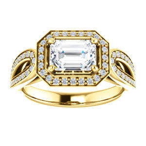 CZ Wedding Set, featuring The Jordyn Elitza engagement ring (Customizable Halo-Style Emerald Cut with Twisting Pavé Split-Shank)