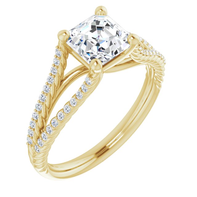 10K Yellow Gold Customizable Asscher Cut Style with Split Band and Rope-Pavé