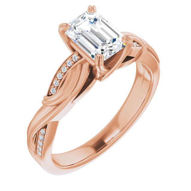 10K Rose Gold Customizable Cathedral-raised Emerald/Radiant Cut Design featuring Rope-Braided Half-Pavé Band