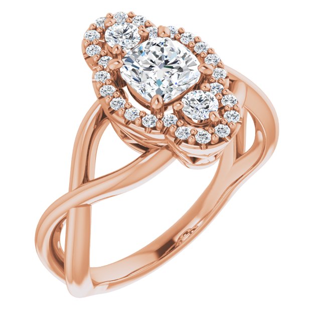10K Rose Gold Customizable Vertical 3-stone Cushion Cut Design Enhanced with Multi-Halo Accents and Twisted Band