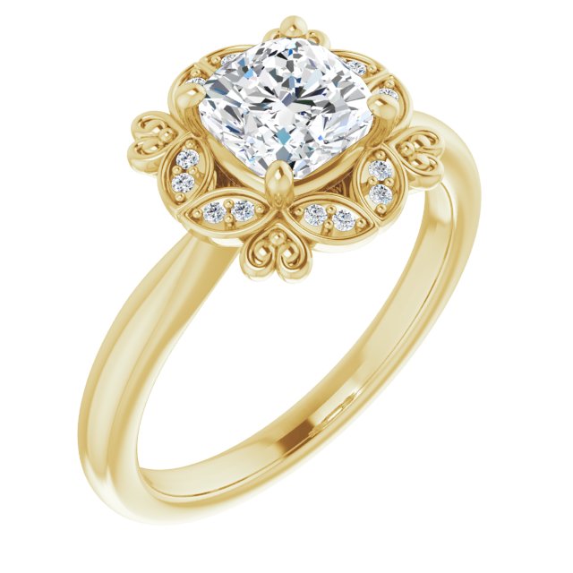 10K Yellow Gold Customizable Cushion Cut Design with Floral Segmented Halo & Sculptural Basket