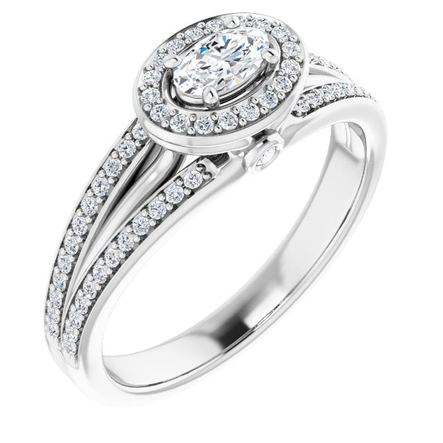 10K White Gold Customizable High-set Oval Cut Design with Halo, Wide Tri-Split Shared Prong Band and Round Bezel Peekaboo Accents