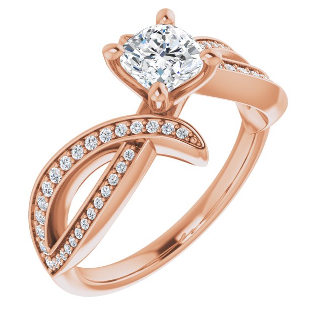 10K Rose Gold Customizable Cushion Cut Design with Swooping Pavé Bypass Band