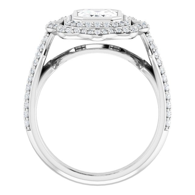 Cubic Zirconia Engagement Ring- The Arya (Customizable Radiant Cut Style with Ultra-wide Pavé Split-Band and Nature-Inspired Double Halo)