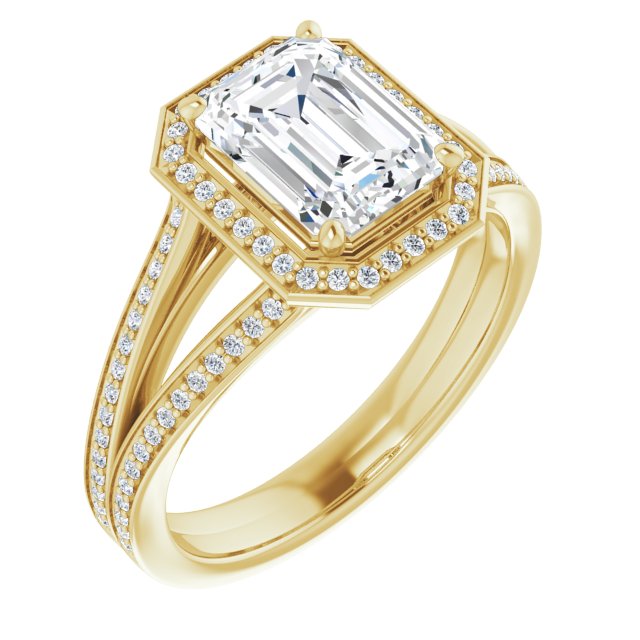 Cubic Zirconia Engagement Ring- The Carrie (Customizable Emerald Cut Design with Split-Band Shared Prong & Halo)