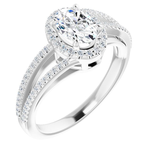 10K White Gold Customizable Oval Cut Vintage Design with Halo Style and Asymmetrical Split-Pavé Band